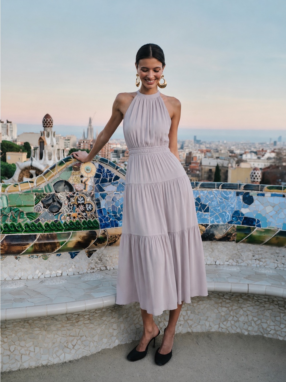 Aritzia Wilfred Effet Halter Midi Dress Blush Pink Tiered Flowy Size S - Picture 5 of 12